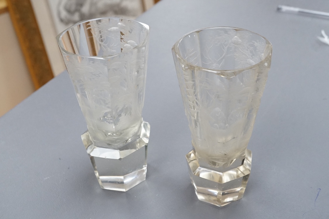 A pair of Bohemian intaglio engraved stag and doe beakers, late 19th century, height 15cm